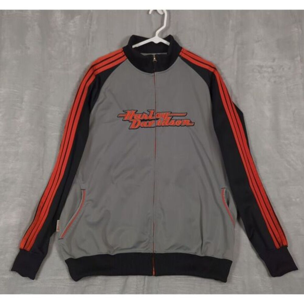Harley Davidson‎ Track Jacket Mens Large Gray 3 Stripes Raglan Sleeve Full Zip